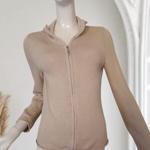 Beige Zip-Front Knit Cardigan with Ruffle Collar
